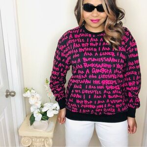 Rocksmith Graffiti Words Y2K Vintage Hot Pink Black Hip Hop Long Sleeve Sweater